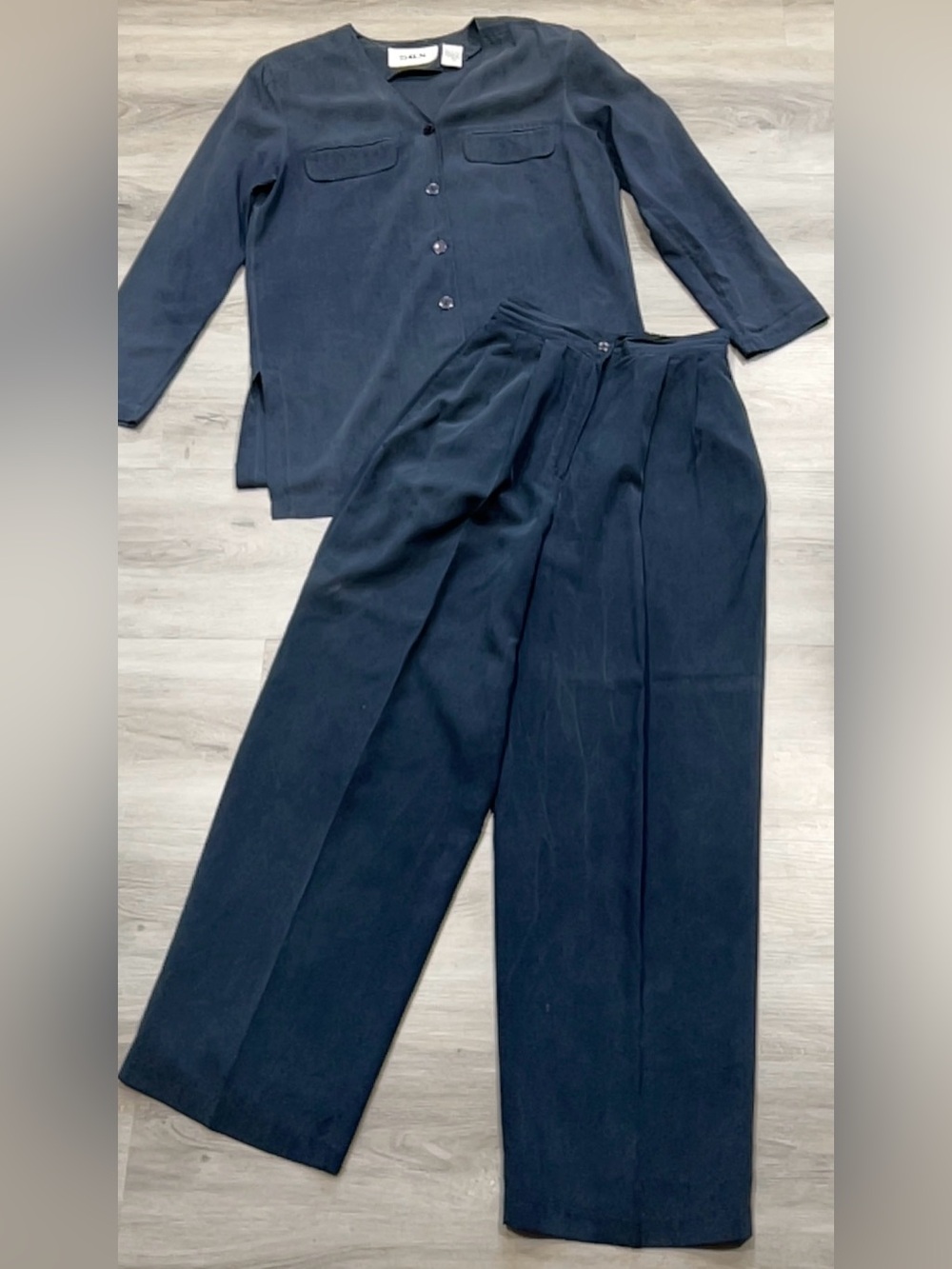 SILX Vintage Womens Silk Pants Suit Set Navy Blue Size Small Long Sleeve Blouse